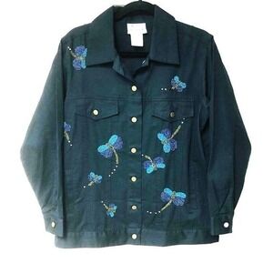 Quacker Factory Black Jean Trucker Jacket Womens M‎ Beaded Dragonflies Fairy